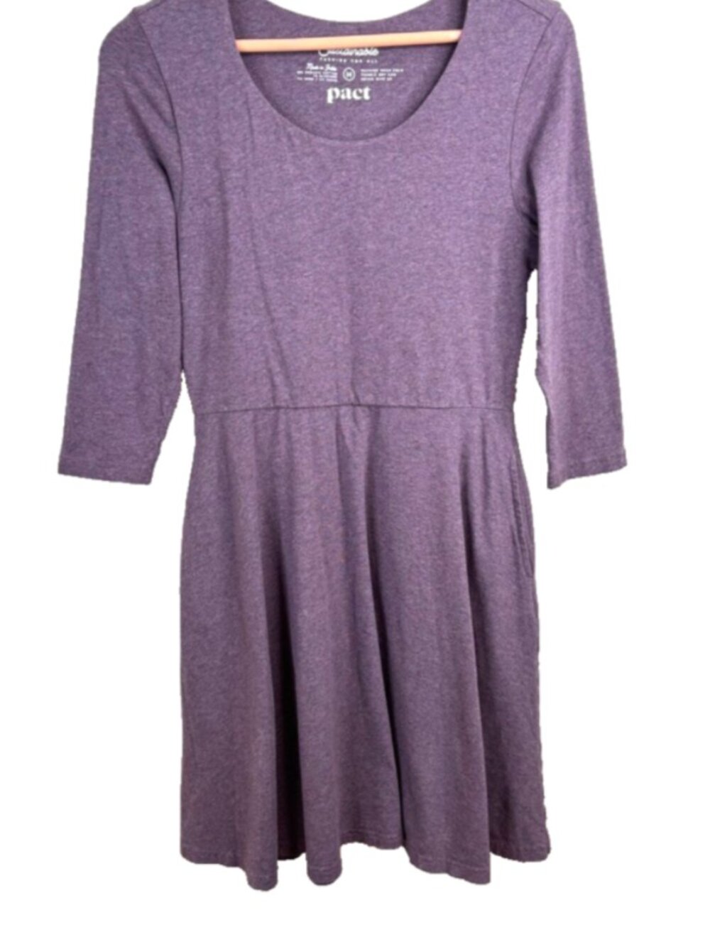 Pact Organic Cotton Fit & Flare Dress Medium Plum Heather 3/4 Sleeve Pockets